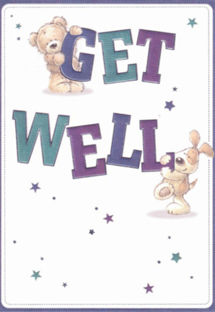 Dappled in soft light, this get well card brings together friendly hand-drawn illustrations and vibrant color in a scene that echoes the neighborly spirit of Crouch End. Central to the image, an affable bear and a playful puppy nestle close beside bold 'GET WELL' lettering, each letter shaded in lush purples and refreshing teals. Scattered stars arc above and below, reminiscent of the magical twinkle seen over Alexandra Palace Gardens at dusk. Textures are lovingly rendered-the bear's plush coat and the puppy's velvety ears almost palpable-inviting a sense of touch much like receiving a hand-tied bouquet from a trusted local florist. The background's serene white clarity calls to mind the bright interiors of cherished Crouch End boutiques, setting off the playful energy of the illustration. This card's gentle optimism and tactile charm are mirrored in the artistry of floral arrangements prepared daily for nearby residents, bringing comfort and hope just when it's needed most. It's more than just a message-it's a celebration of care, perfect for uplifting anyone's spirits.