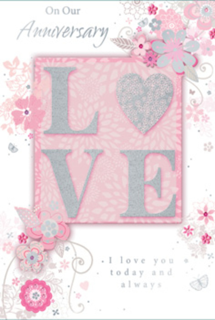 The anniversary card in view has the warm, reflective mood of a sun-filled Crouch End living room, where cherished routines and shared memories are quietly honoured. Dominating the design is the word LOVE, picked out in raised, frosted glitter that sparkles gently as the card moves, inviting touch the way textured petals encourage a hand to linger. This central motif sits comfortably amid a gentle drift of hand-drawn flowers and foliage that frame the card's edges like a loosely tied floral wreath. The blooms, in soft shades of pink, lilac, and ivory, mingle seamlessly with delicate silver accents, suggesting petals and leaves with a slightly luminous sheen, as though brushed by early morning light. Wispy lines curl into filigree flourishes and dainty leaves, while barely-there butterfly shapes hide among the stems, conjuring the fluttering feeling of affection and the soft rustle of a bouquet being unwrapped at home off Crouch Hill. The background is a smooth wash of warm pink, subtle enough to support rather than compete with the ornate detailing. Nestled within the design, in understated but graceful type, is a message along the lines of I love you today and always, positioned so that it feels discovered rather than announced. The card's composition, like a well-composed arrangement, balances open space with detail, glitter with matte, and word with image. It feels less like simple stationery and more like a hand-tied bouquet translated into paper-quietly fragrant in spirit, capturing the gratitude, hope, and steady devotion that define an enduring relationship in N8.